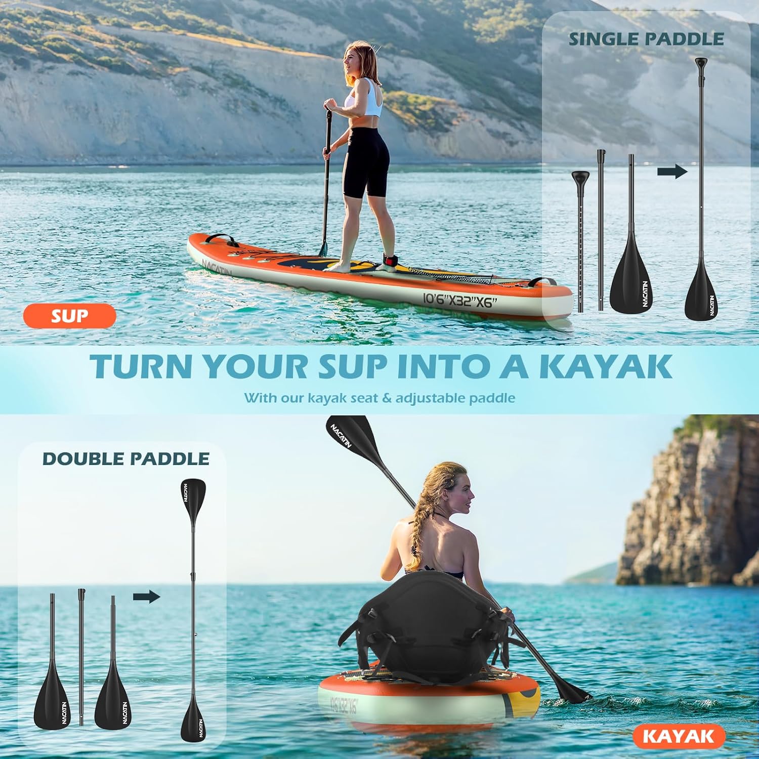 NACATIN Inflatable Stand Up Paddle Board,10'6"Upgrade Version Blow Up Paddle Boards for Adults with Premium SUP Accessories& Backpack,Adjustable Paddle,Camera Mount,Hand Pump, for Lake, River, Yoga