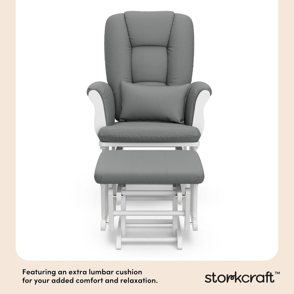 Storkcraft Tuscany Custom Glider and Ottoman with Free Lumbar Pillow (White/Grey) - Cleanable Upholstered Comfort Rocking Nursery Chair with Ottoman