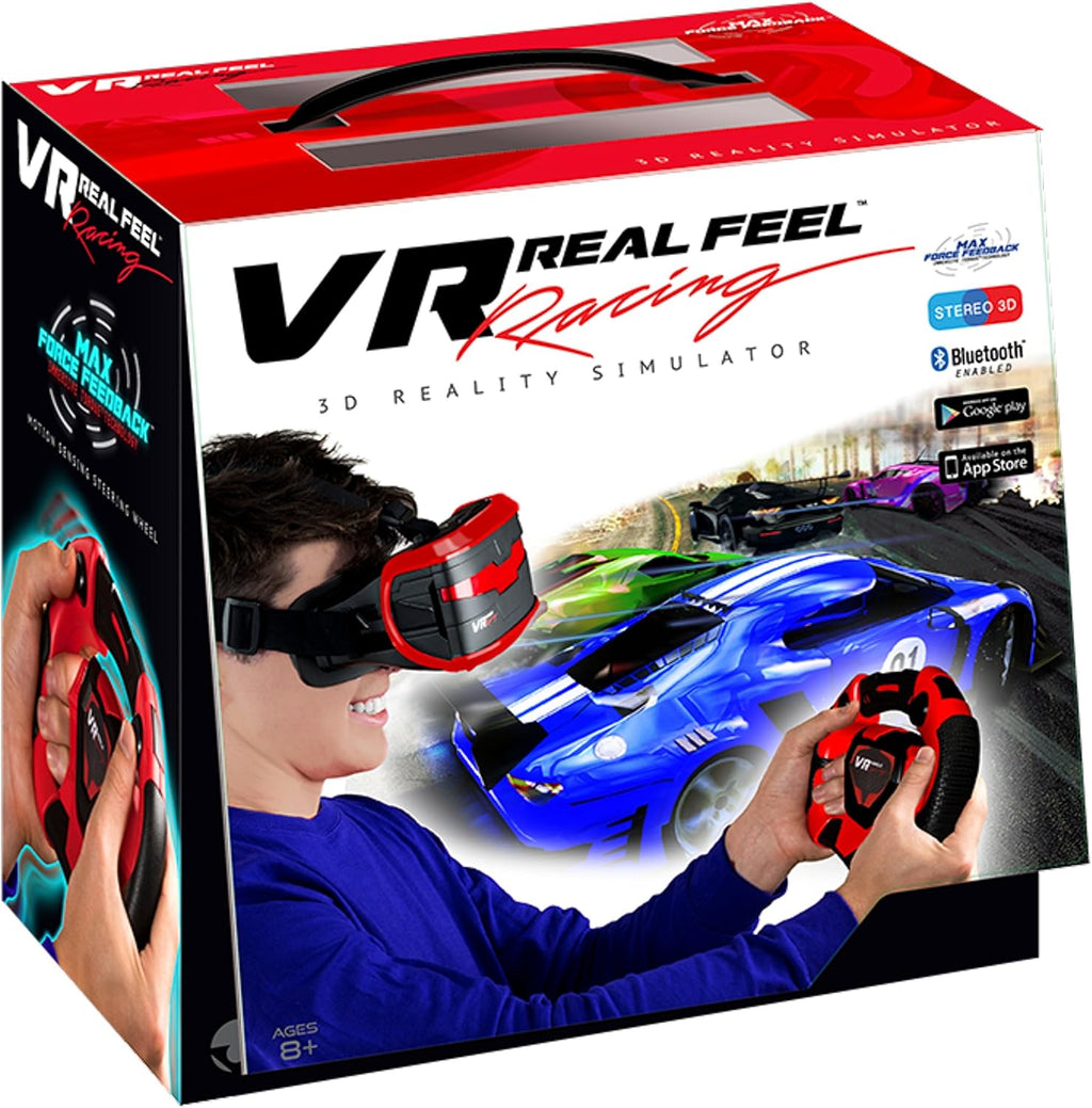 VR Real Feel Virtual Reality Car Racing Gaming System with Bluetooth Steering Wheel and Headset Goggles Viewer Glasses for iOS iPhone and Android