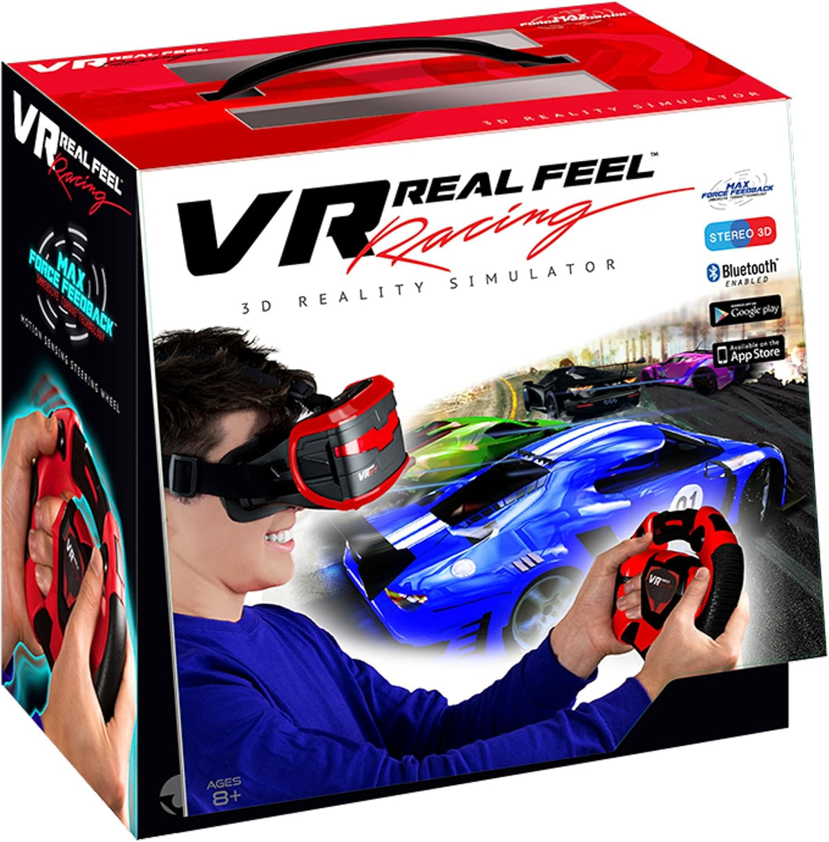 VR Real Feel Virtual Reality Car Racing Gaming System with Bluetooth Steering Wheel and Headset Goggles Viewer Glasses for iOS iPhone and Android
