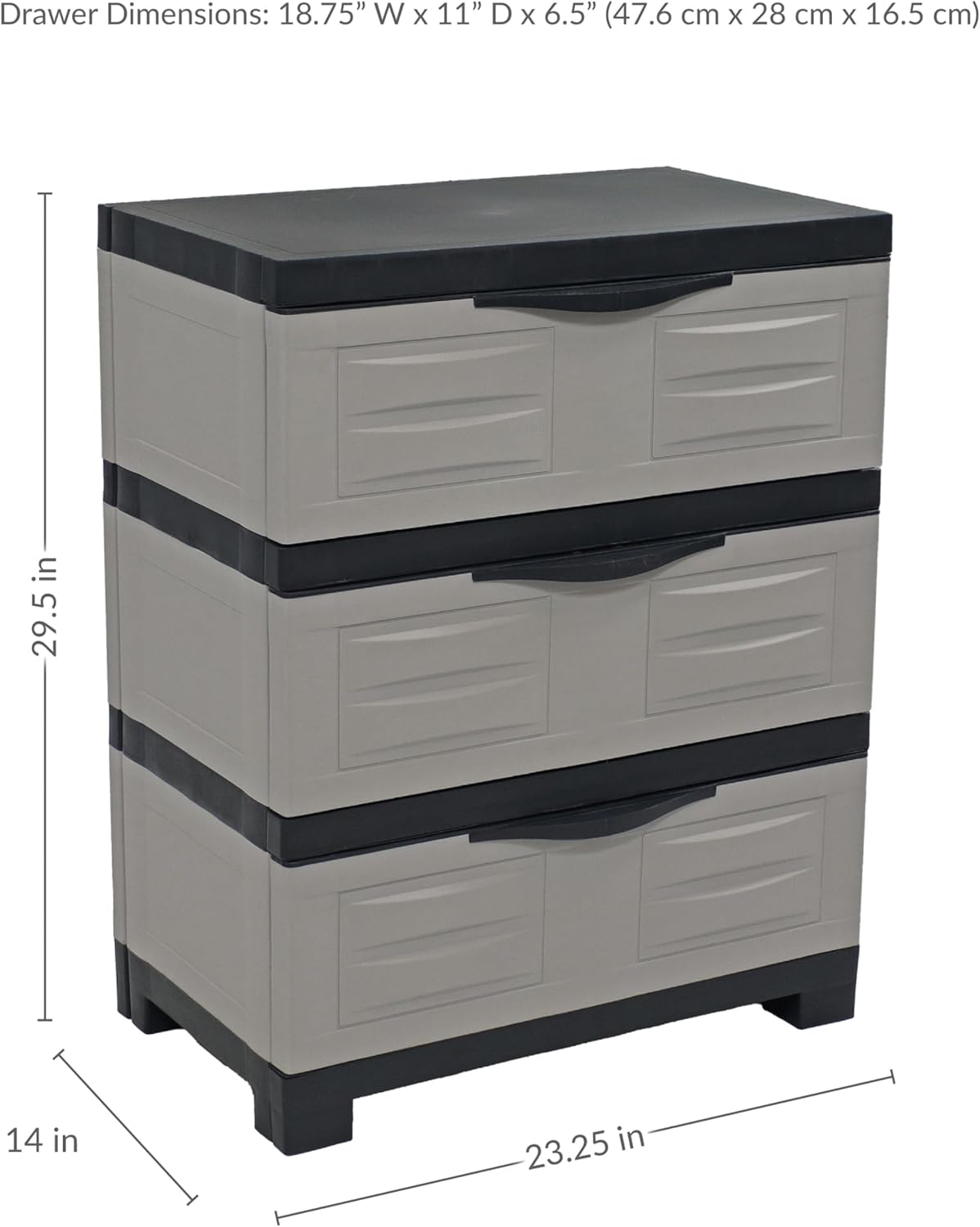 Sunnydaze 29.5" H 3-Tier Storage Cabinet with Drawers - Resin Storage Drawers Organizer - for Garage, Office, Home, Laundry Room - Gray w/Charcoal Trim