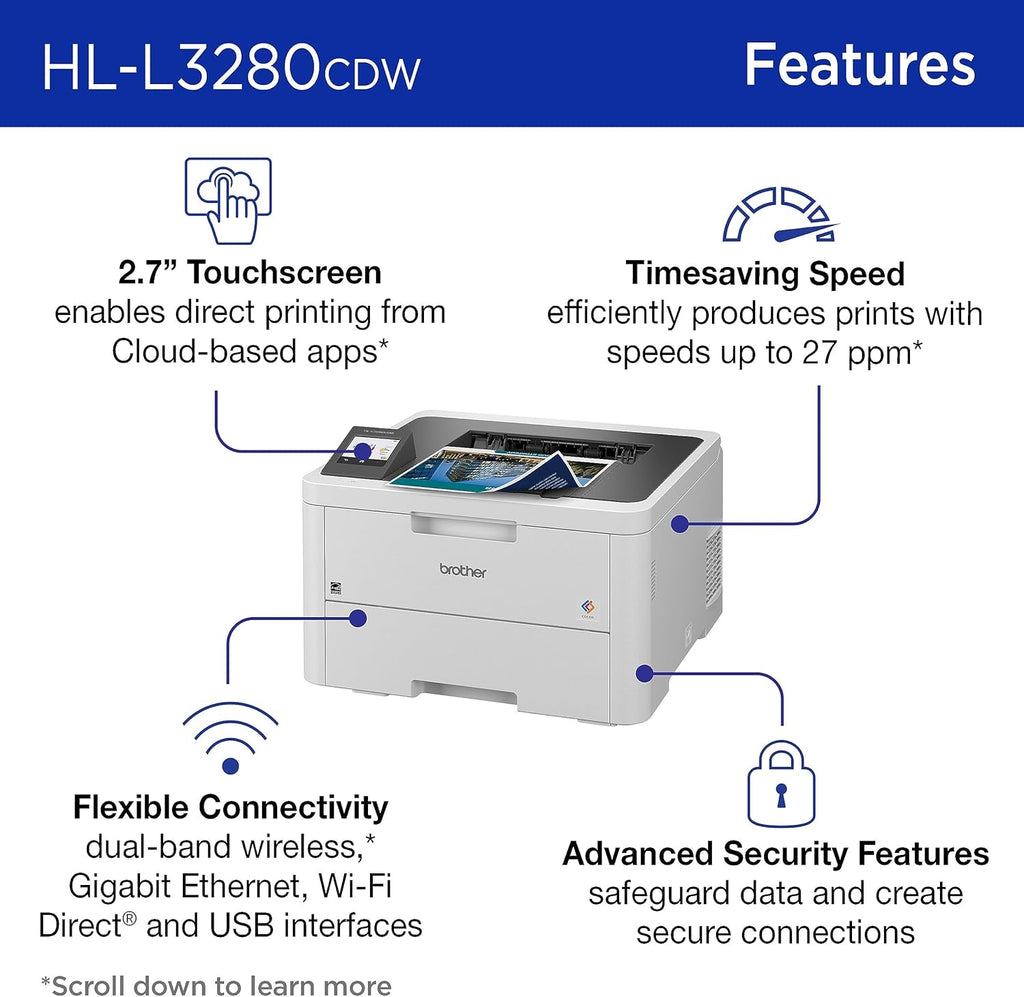 Brother HL-L3280CDW Wireless Compact Digital Color Printer with Laser Quality Output, Duplex, Mobile Printing & Ethernet | Includes 2 Month Refresh Subscription Trial¹,Works with Alexa