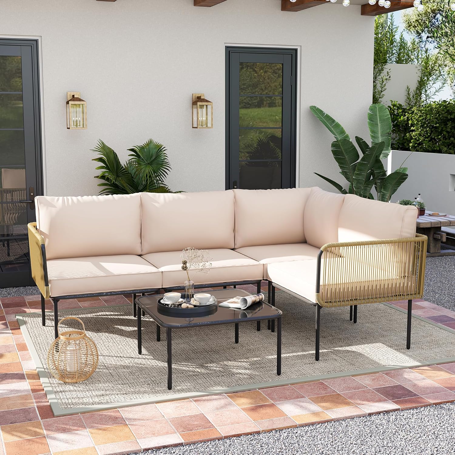 Patio Furniture Set, 5 Piece Outdoor Patio L-Shaped Conversation Set with Cushions and Table, All-Weather Rattan Woven Sectional Sofa for Backyard, Porch, Boho Detachable Lounger (Beige)