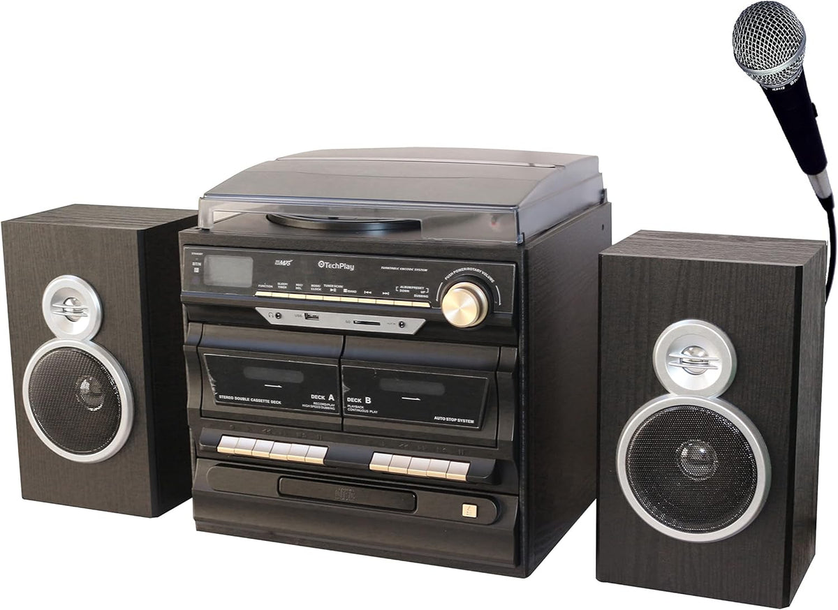 TechPlay Karaoke Enabled, 30W RMS, Retro Classic Turntable, NFC Bluetooth, Double Cassette Player/Recorder, CD MP3 Player, USB SD Ports, AM/FM Digital Alarm Clock and Full Remote Control (Black)