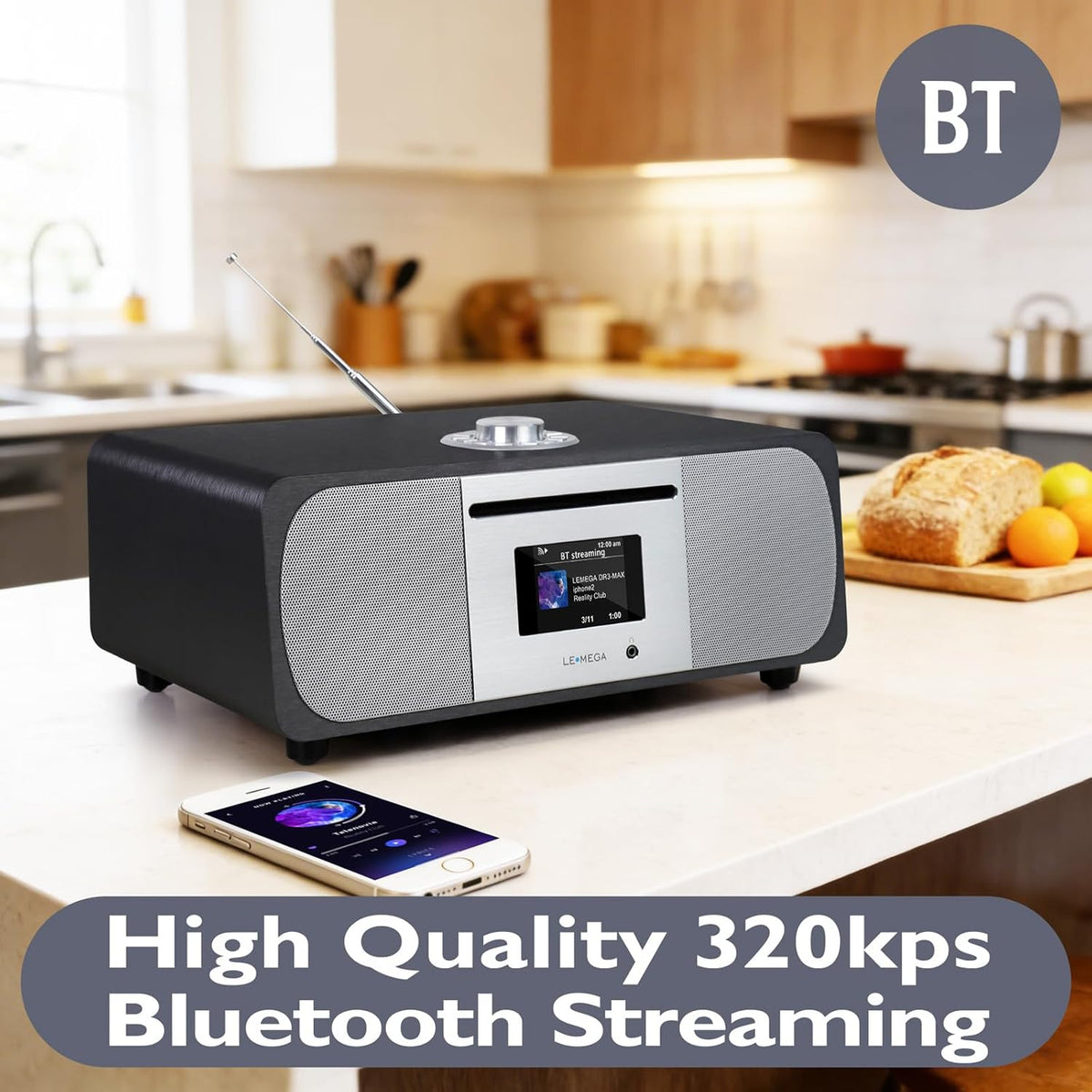 LEMEGA M6P CD Player with FM Radio, Bluetooth Streaming, 150W Stereo HiFi System with Internal Subwoofer, 2.8" Colour Display, Presets, Remote, Acoustic Wooden Cabinet (Black Oak)