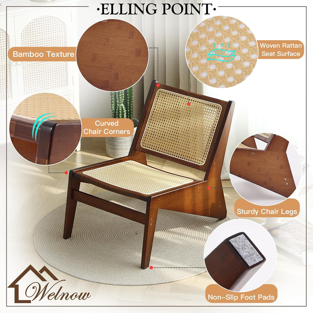 Welnow Mid Century Rattan Accent Chair, Bamboo Wood Lounge Chair with Woven Cane Backrest, Low Armchair for Living Room, Bedroom, Balcony or Reading Corner, Walnut