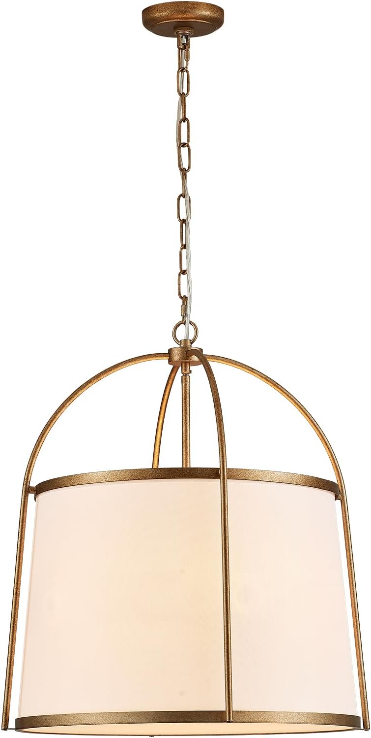 Rustic Modern Chandelier for Entryway, Dining Room Chandelier with Off-White Fabric Shade, Gold Pendant Light Fixture for Bedroom Kitchen Farmhouse