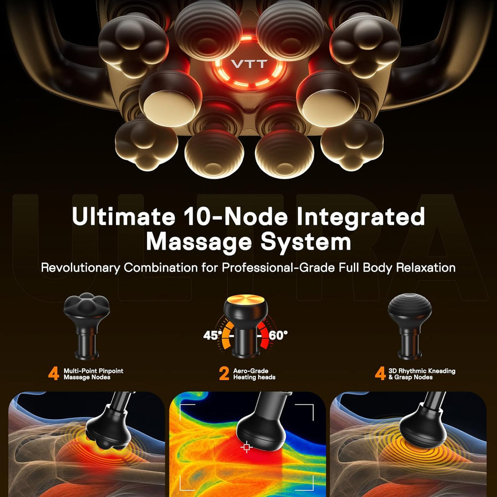 VTT 10 Head Massage Gun with Heat, Large Surface Percussion Massager, Dual Metal Heated Nodes (113°F), 10 Speeds & 3 Modes, Deep Tissue Muscle Relaxation for Back, Neck, Shoulders & Legs