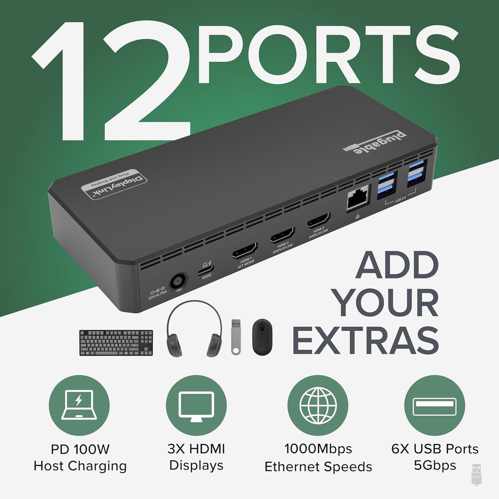 Plugable USB C Triple Display Docking Station | 100W PD, 3x HDMI (1x 4K 30Hz, 2x 1080p 60Hz), 6x USB 5Gbps Ports | Windows, macOS, ChromeOS Compatible - Enhance Productivity with Multi-Monitor Support