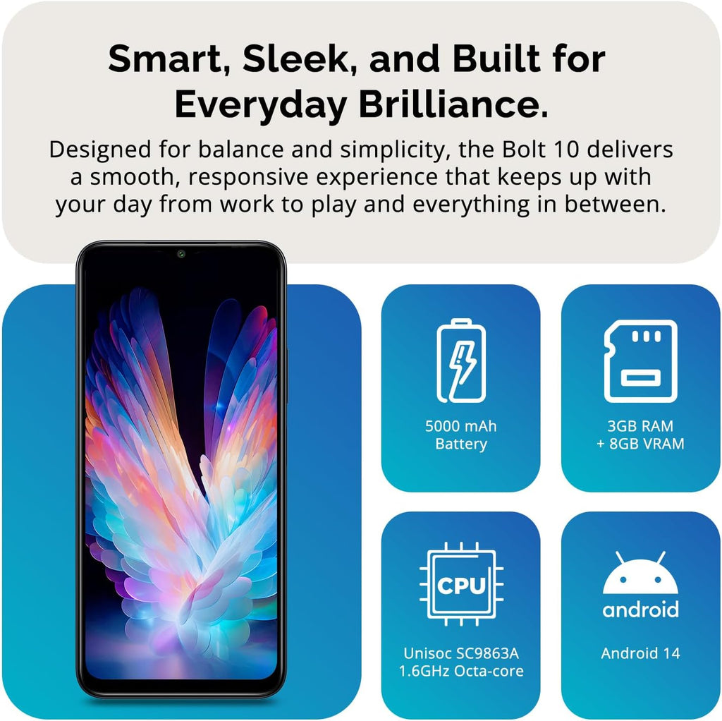 Bolt 10 | Dual SIM | Unlocked Smartphone | Android 14 | 2 Day Battery | NFC | 6.56” HD+ Display | 4GB + 3GB VRAM | 128GB Storage | 16MP Dual Camera | Fingerprint | T-Mobile, Metro, Mint | Charcoal