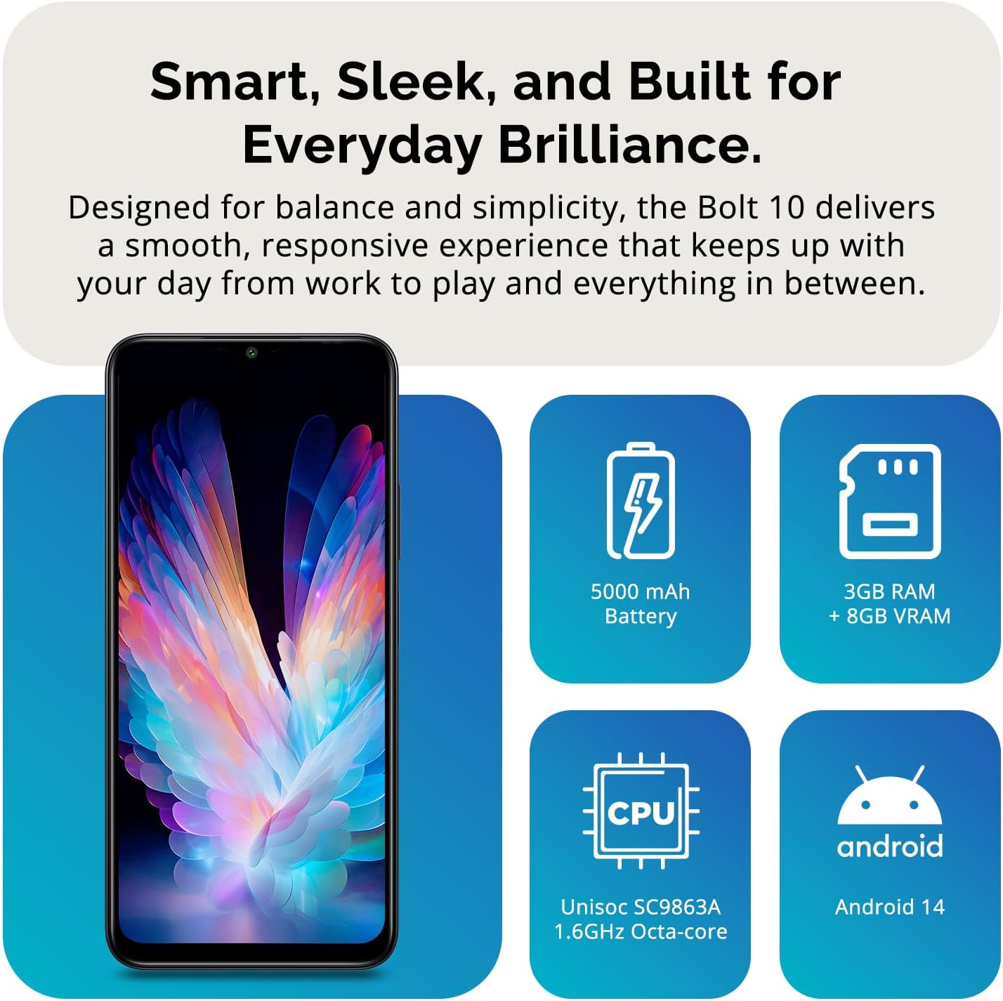 Bolt 10 | Dual SIM | Unlocked Smartphone | Android 14 | 2 Day Battery | NFC | 6.56” HD+ Display | 4GB + 3GB VRAM | 128GB Storage | 16MP Dual Camera | Fingerprint | T-Mobile, Metro, Mint | Charcoal