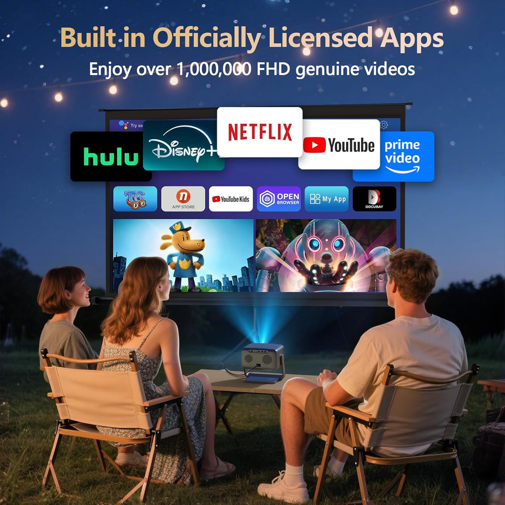 3500 ANSI/ Official Apps/65W Audio Outdoor 4K Projector with WiFi and Bluetooth, Auto Focus, Auto Keystone Smart Projector Support DoIby Audio, 2026 Upgrade GO2 Short Throw Projector with 360°Stand