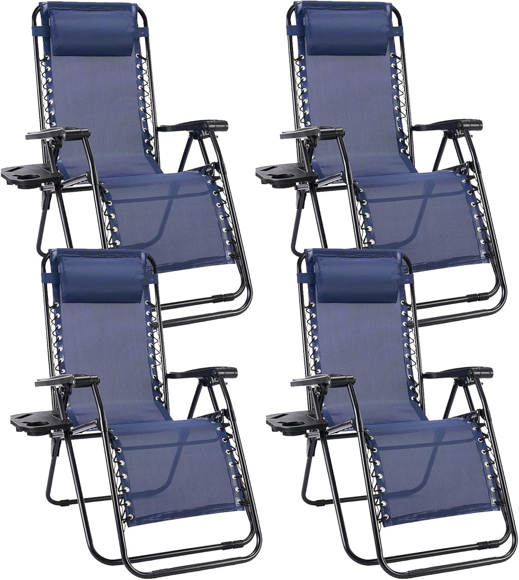 Sweetcrispy Zero Gravity Chairs, Set of 4 Portable Recliner Beach Camping Patio Outdoor Folding Lounge Chair with Cup Holder Trays and Adjustable Pillow for Poolside, Garden, Backyard, Lawn, Blue