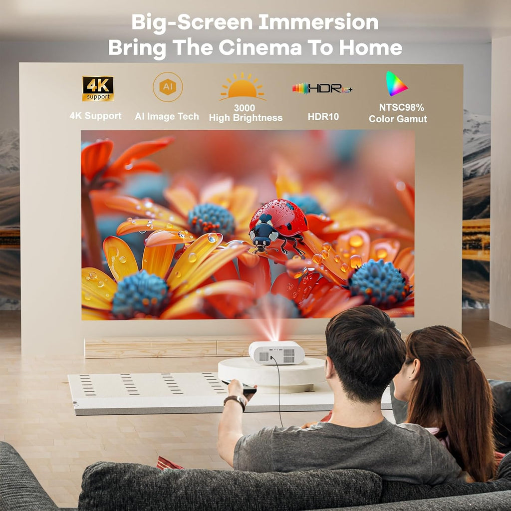 4K Projector with Google TV:3000 Brightness/Auto Lens Cap & 4D Keystone/Auto Focus & AI Voice Control, Sovboi Portable Outdoor Projector with WiFi & Bluetooth, Smart Movie Proyector for Streaming Apps