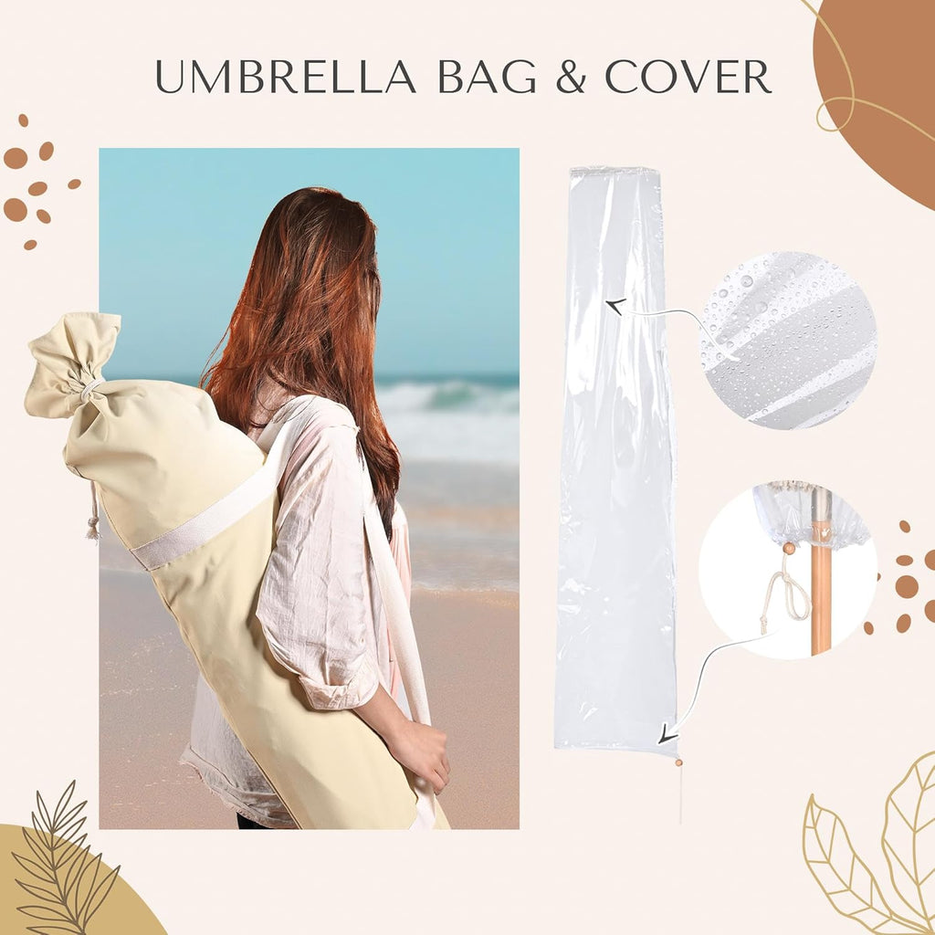 LAGarden Boho Market Wood Fringe Patio Umbrella with Carry Bag Tassels for Outdoor Event Garden Yard House Wedding Party Deck Poolside Sun Shade Parasol
