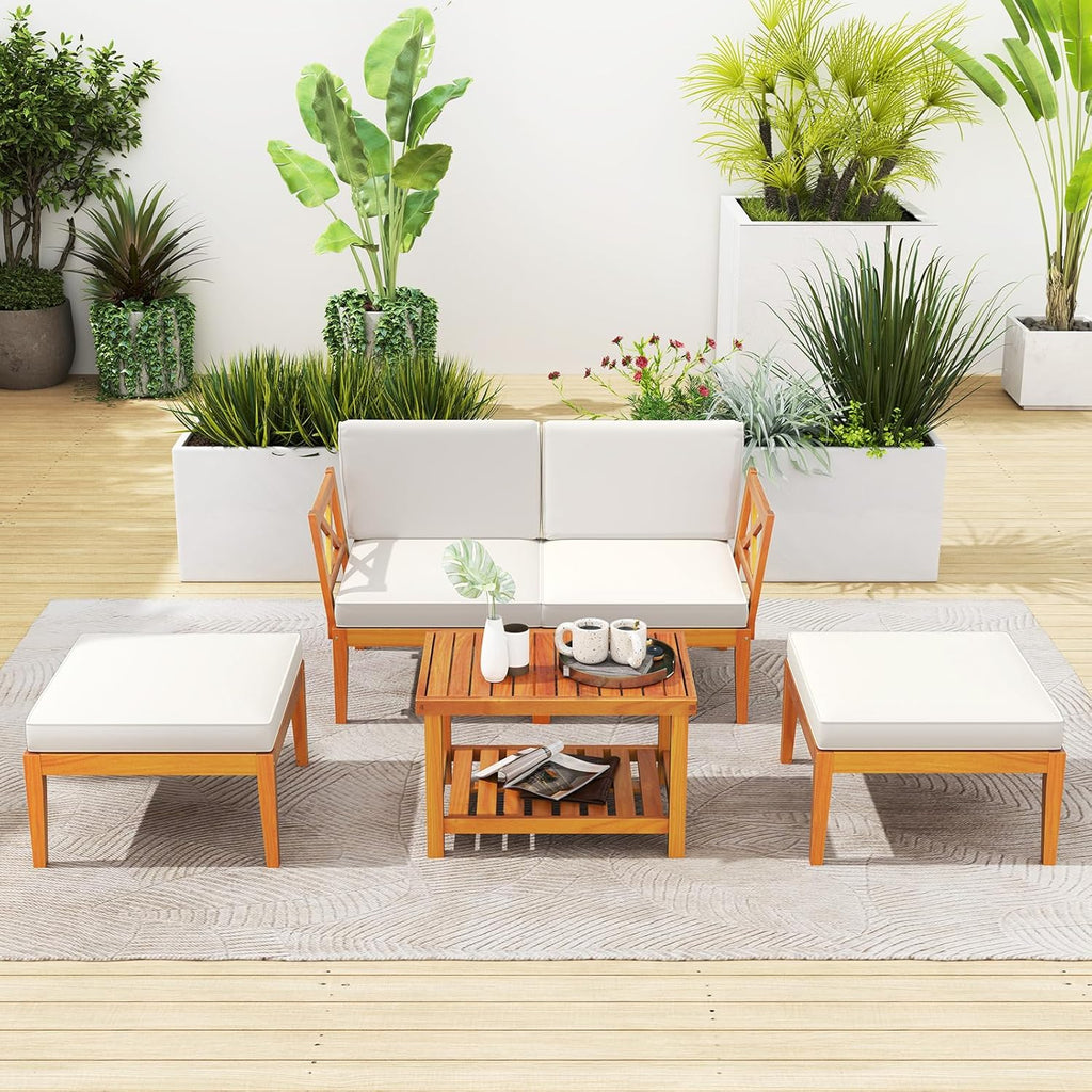 HAPPYGRILL 5 Pieces Acacia Wood Patio Chaise Lounge Chair Set with Ottoman, Outdoor Patio Furniture Set with Cushions and 2-Tier Coffee Table, Outdoor Sectional Conversation Sofa Set for Garden