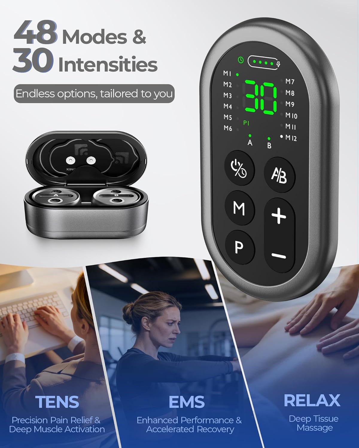 KingPavonini 48 Mode Wireless TENS Unit Muscle Stimulator 2 Channel, Rechargeable TENS Machine for Pain Relief with Remote & Charging Case, Portable TENS Unit for Back Shoulder Sciatica, Model HZ9151B