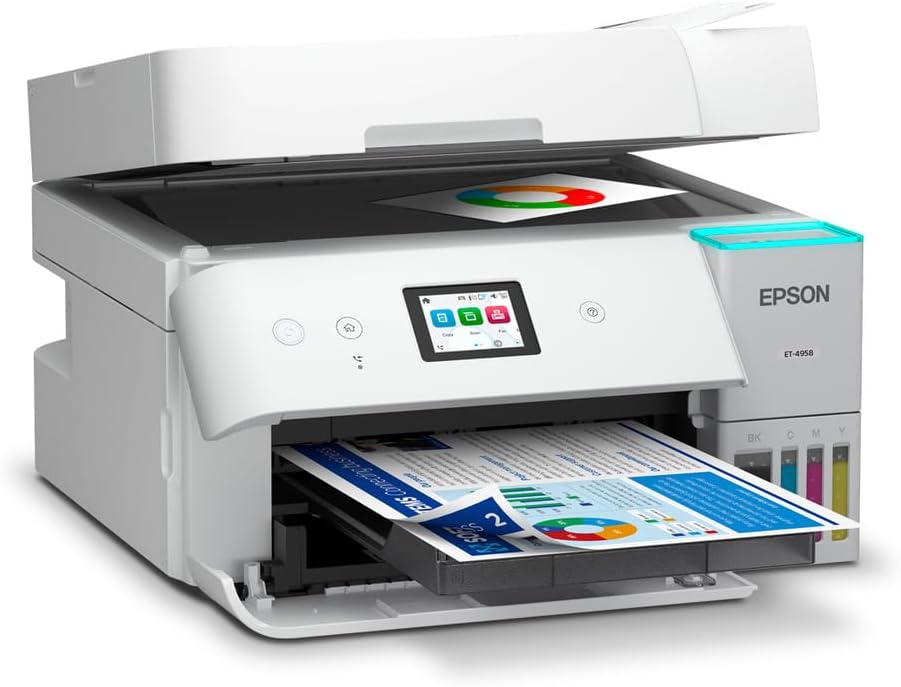 Epson EcoTank ET-4958 Wireless All-in-One Color Supertank Printer, Refillable Tanks, 2.4" Color Touchscreen, Auto Document Feeder, Auto Duplex Print/Copy, Scan, 250-Sheet Paper Tray – White