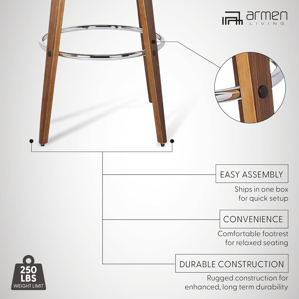 Armen Living Sonia 26" Counter Height Swivel Brown Faux Leather and Walnut Wood Bar Stool - Set of 2