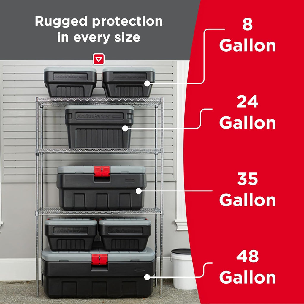 Rubbermaid 48 Gallon Black Action Packer Lockable Latch Indoor and Outdoor Storage Box Container for Home, Garage, Backyard, Single