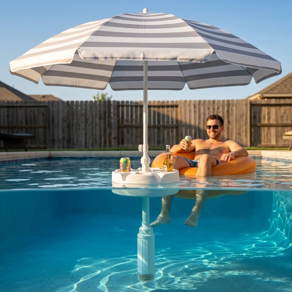 Floating Pool Umbrella with Table, 6 Cup Holders, 7 ft UV 50+ Sun Shade, Stable Water Umbrella for Pool, Lake & Beach, Convertible Beach Table