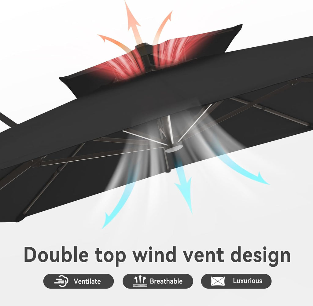 10 X 13 FT Cantilever Outdoor Patio Umbrella with LED Lights Large Heavy Duty 360° Rotation Double Top Offset Rectangular Umbrellas for Backyard Garden Pool Outside Deck, Black