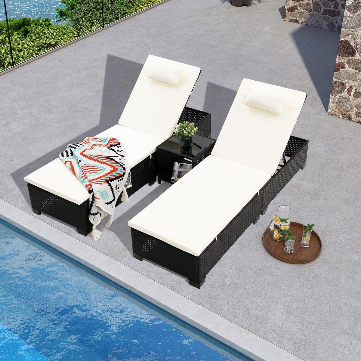 3-Piece Outdoor Lounge Chairs Set, Chaise Lounge Patio Chairs with Coffee Table, Adjustable Wicker Chairs, Water-Resistant Cushions, PE Rattan Poolside & Backyard Furniture (Beige)