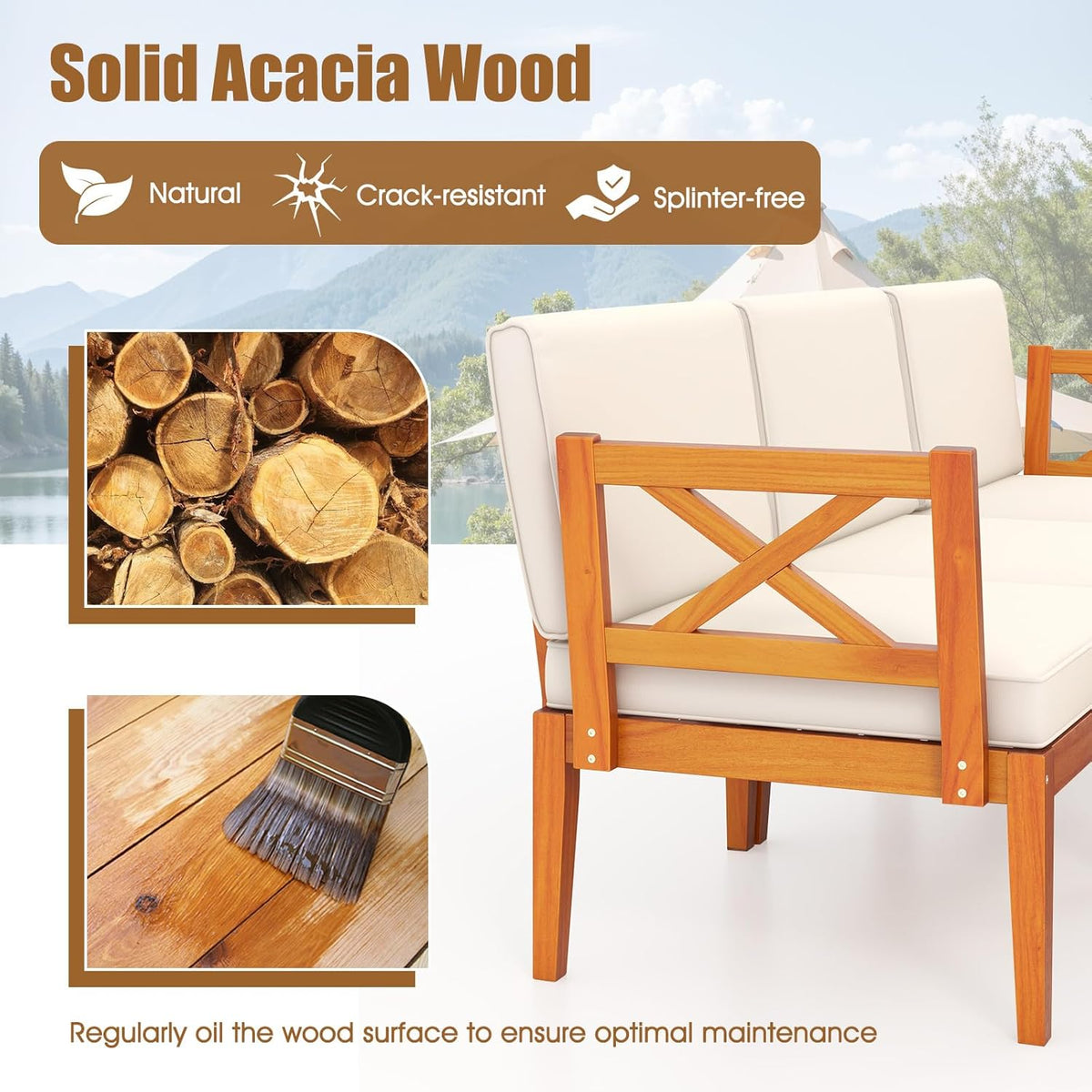 Tangkula 5 Pieces Patio Lounge Chair Set w/Ottomans, Acacia Wood Patio Conversation Set w/Cushions, Coffee Table, Modular Outdoor Lounge Sofa Set for Lawn, Backyard, Poolside