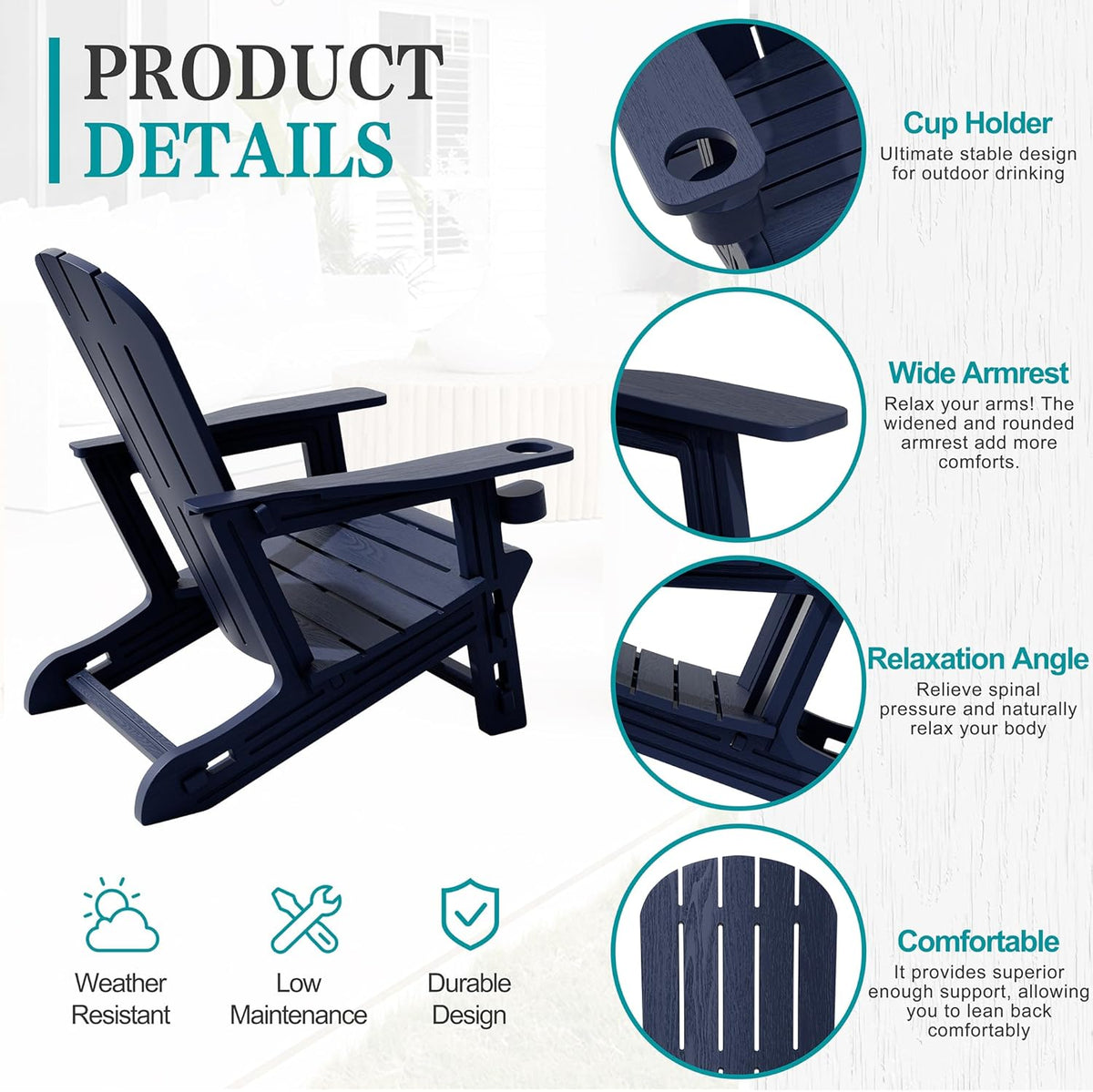 JY QAQA Outdoor Adirondack Chair Set of 2, All-Weather HDPE Patio Furniture with Detachable Table, Wood Texture & Cup Holder for Patio, Poolside, Garden, Dark Blue
