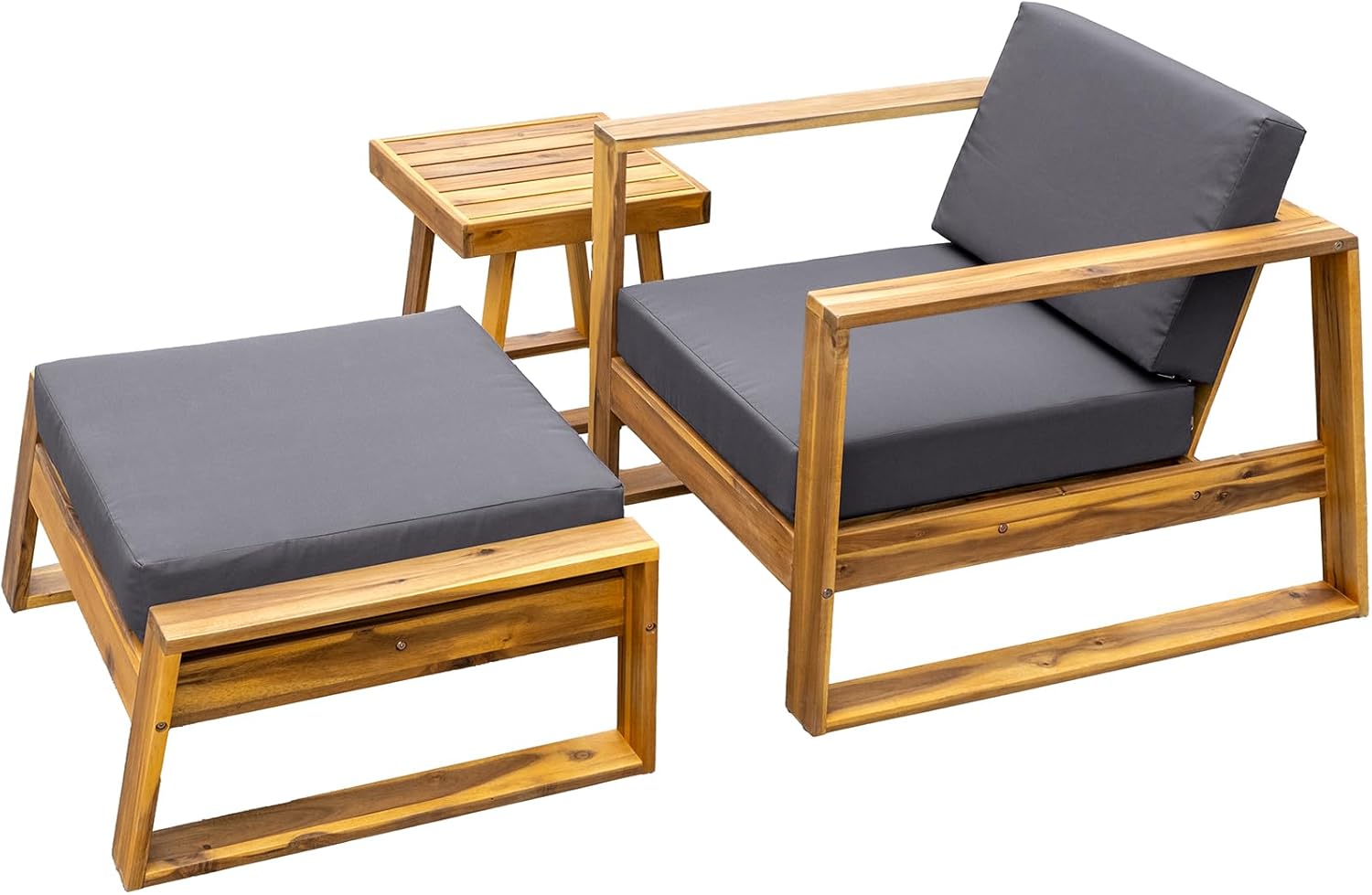 Merax 3 Piece Patio Furniture Set,Acacia Wood Outdoor Lounge Set,Chair & Ottoman and Table, Perfect for Patios, Balconies,and Gardens,Natural+Grey