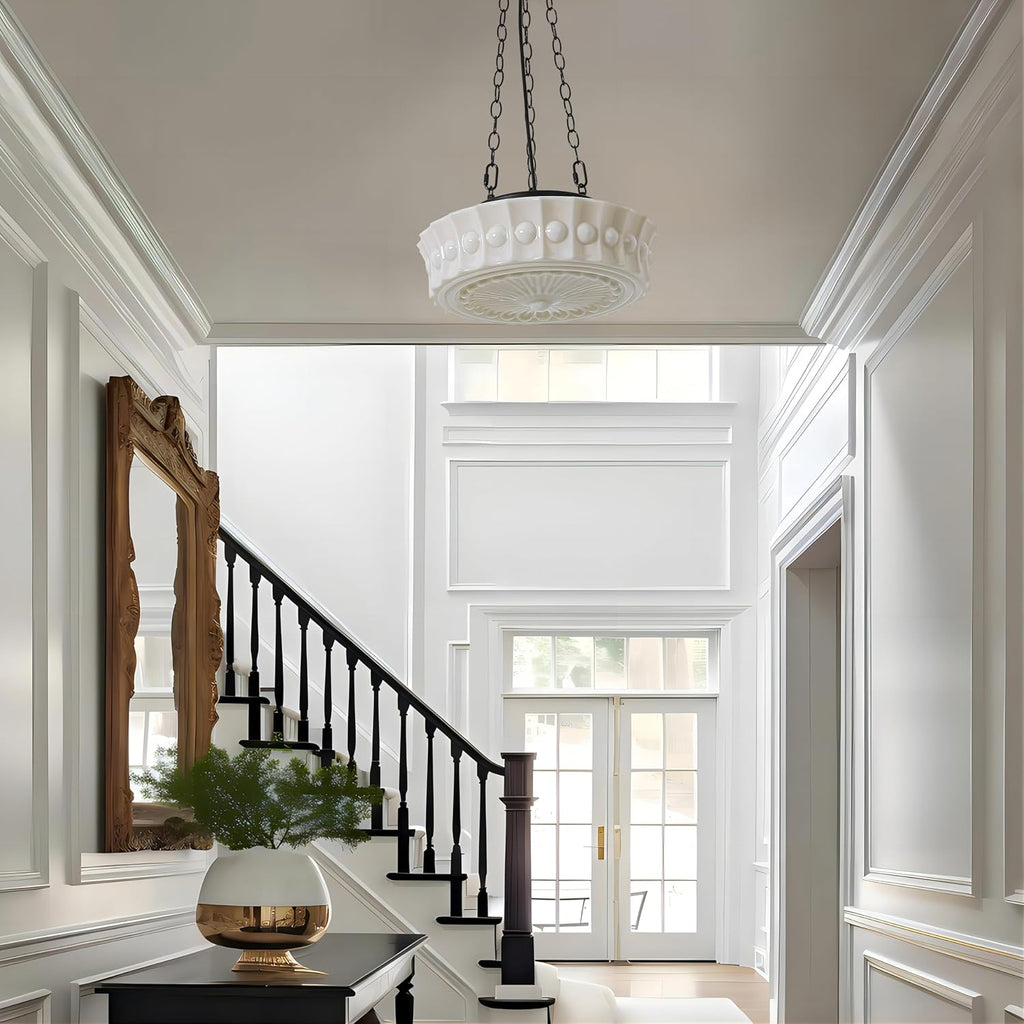 Milk Glass Pendant Light, 14" Mid Century Modern Schoolhouse Hanging Ceiling Light Fixture, Vintage Chandelier for Bedroom, Dining Room,Hallway,Kitchen Island, 4*G9 Dimmable Bulbs Included, 3000K