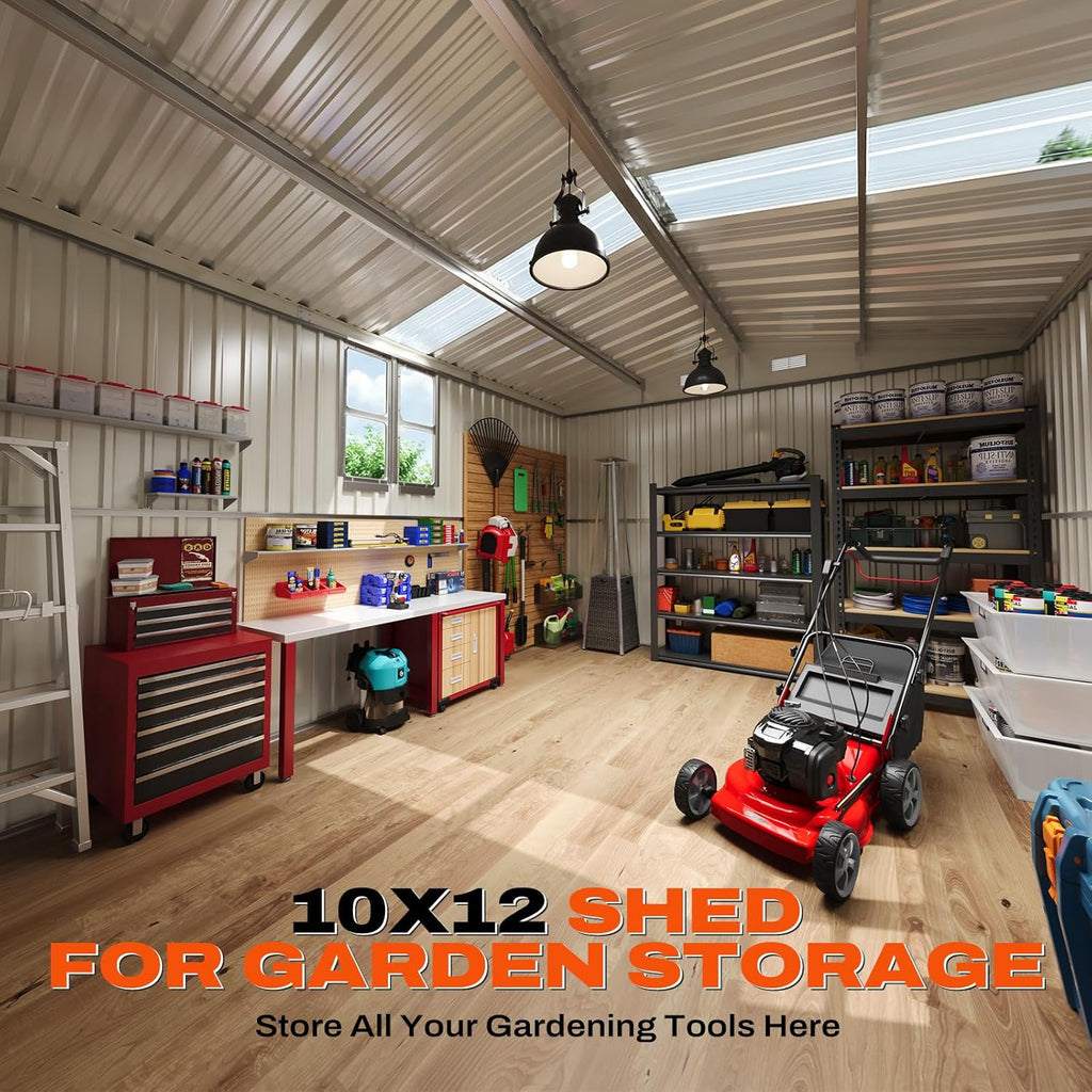 Quictent Large 10x12 FT Outdoor Storage Shed, Metal Workshop with Skylight & 4 Windows, Waterproof Utility Shed for Ride-on Mower, Snow Blower