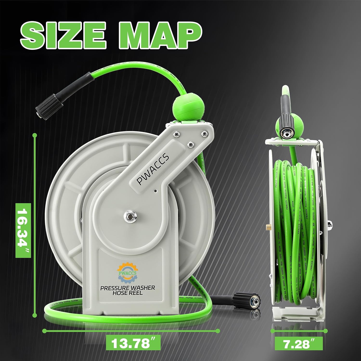 PWACCS Retractable Pressure Washer Hose Reel, Heavy Duty Power Washer Hose Reel 1/4" x 60ft, High Pressure Reel Auto Rewind, Wall/Floor Mounted, 3600 PSI