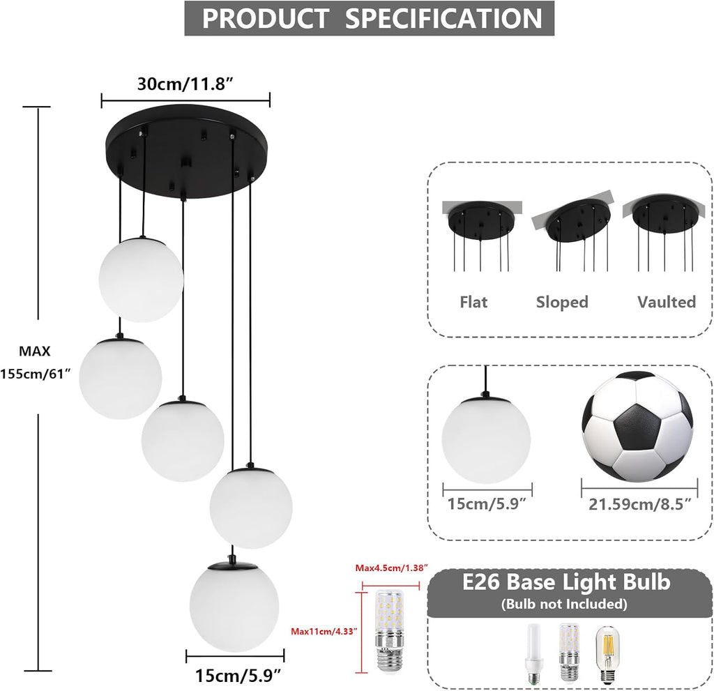 Globe Cluster Chandelier 5-Light, Black Modern Cluster Chandelier with Milk White Glass, Adjustable Globe Staircase Pendant Light for Kitchen Island Dining Room
