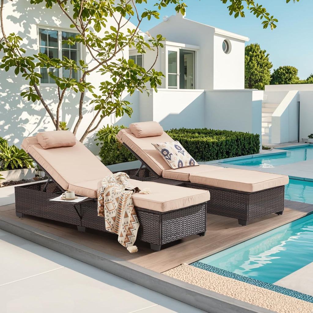 Outdoor Lounge Chairs, Pool Lounge Chairs Set of 2, Outdoor Chaise Lounge with Adjustable Backrest & Cup Holder,Khaki Cushion