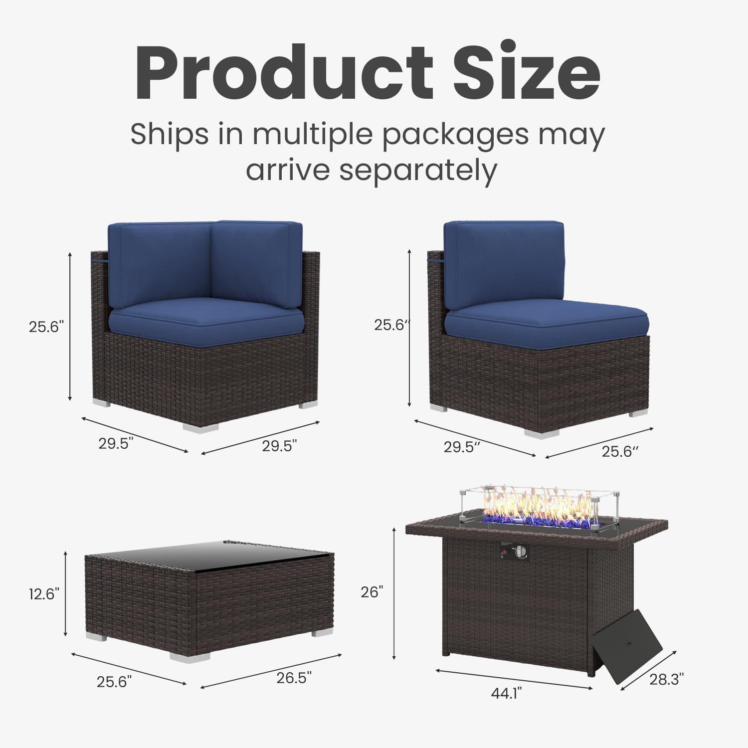 8 Pieces Patio Furniture Set with 44" Propane Gas Fire Pit Table, Outdoor Sectional Brown Rattan Wicker Conversation Sofa Sets with Coffee Table
