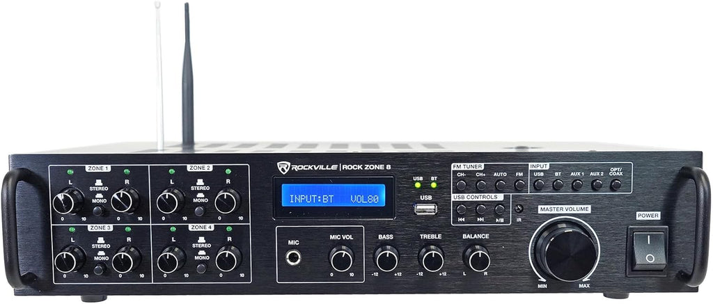 Rockville Rock Zone 8 1000W RMS 8-Channel 8-Zone Amplifier, Bluetooth, USB, Optical/Coaxial/RCA Inputs, Mic/FM, Rack-Mountable, for Multi-Room Home or Commercial Audio