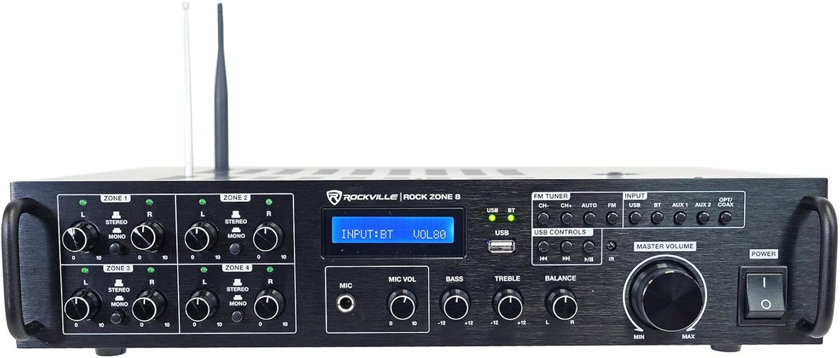 Rockville Rock Zone 8 1000W RMS 8-Channel 8-Zone Amplifier, Bluetooth, USB, Optical/Coaxial/RCA Inputs, Mic/FM, Rack-Mountable, for Multi-Room Home or Commercial Audio