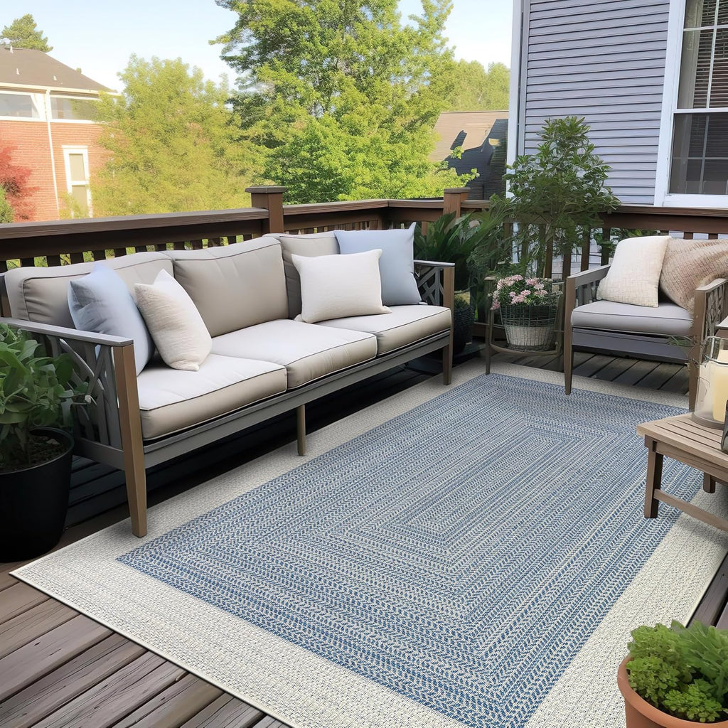 Rugshop Blue Braided Geometric Reversible Weather Resistant Indoor/Outdoor Area Rug, for Patio, Balcony and Living Room, 5' x 7'