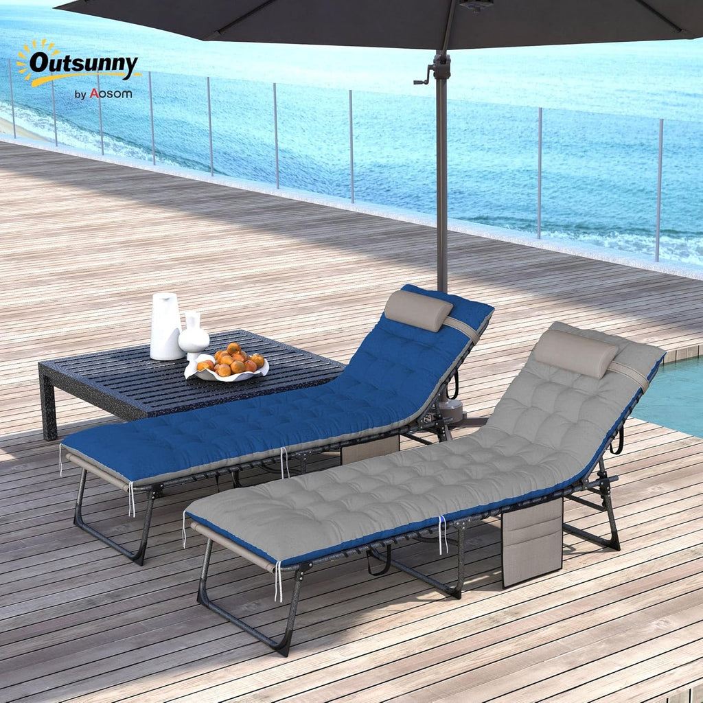 Outsunny Chaise Lounge Chair Outdoor Set of 2, 5-Position Adjustable Outdoor Pool Lounge Chairs, Folding Tanning Chair Beach Lounger with Cushion, Headrest, Side Pocket for Patio, Yard, Brown/Blue