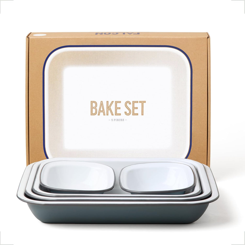 Falcon Enamelware Baking Set, 5-Piece Enamel Bakeware Sets, Large to Small Baking Pans, Non-Toxic, Dishwasher Safe & Freezer Friendly, Pigeon Gray