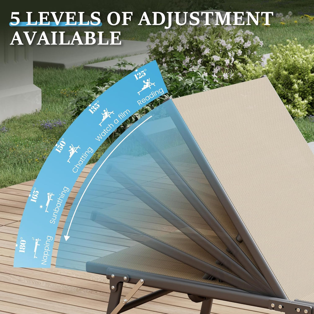 UDPATIO Foldable Patio Lounge Chair Sets with Side Table, No Assembly Outdoor Chaise Lounge with 5-Positions, Poolside Lounge Chairs with Portable Design for Pool, Beach, Deck, Backyard