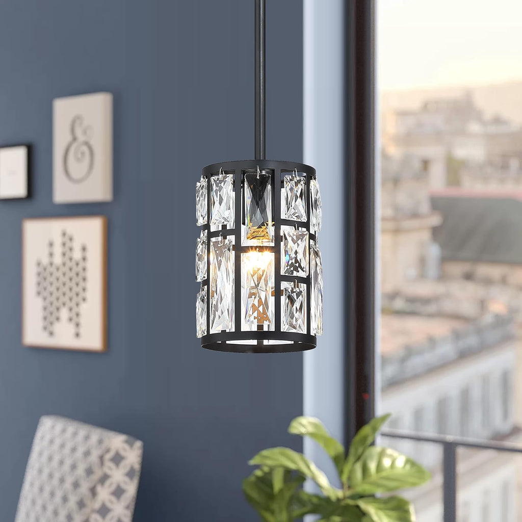 MEXO Modern Crystal Pendant Light Fixture 2-Pack Matte Black Finish Hanging Lighting Crystal Chandelier for Living Room, Kitchen