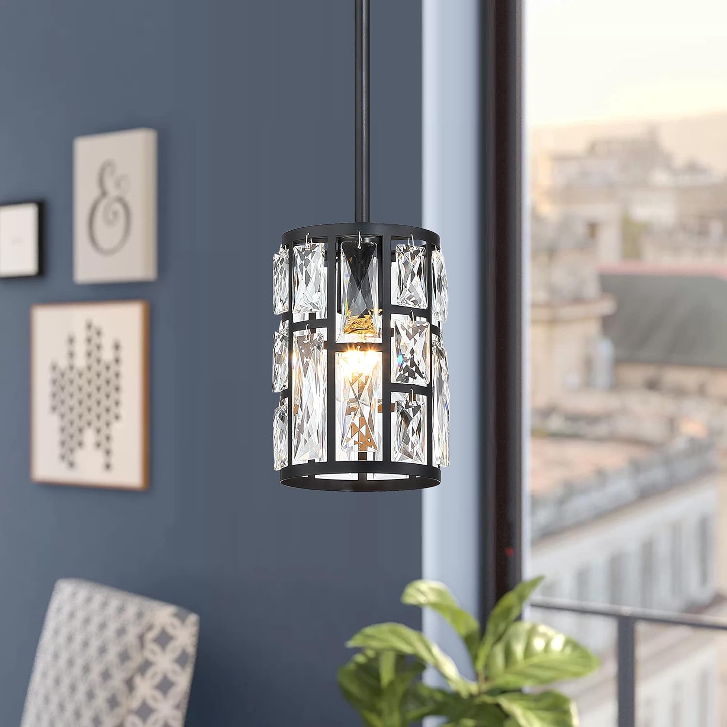 MEXO Modern Crystal Pendant Light Fixture 2-Pack Matte Black Finish Hanging Lighting Crystal Chandelier for Living Room, Kitchen