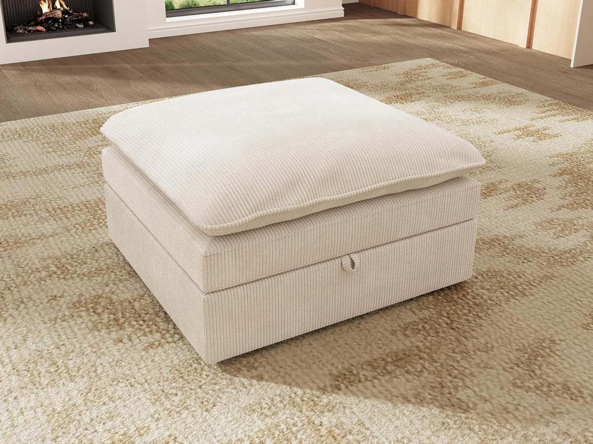HONBAY Corduroy Ottoman, 31.5 Inch Square Ottoman Bench with Storage for Living Room, Beige