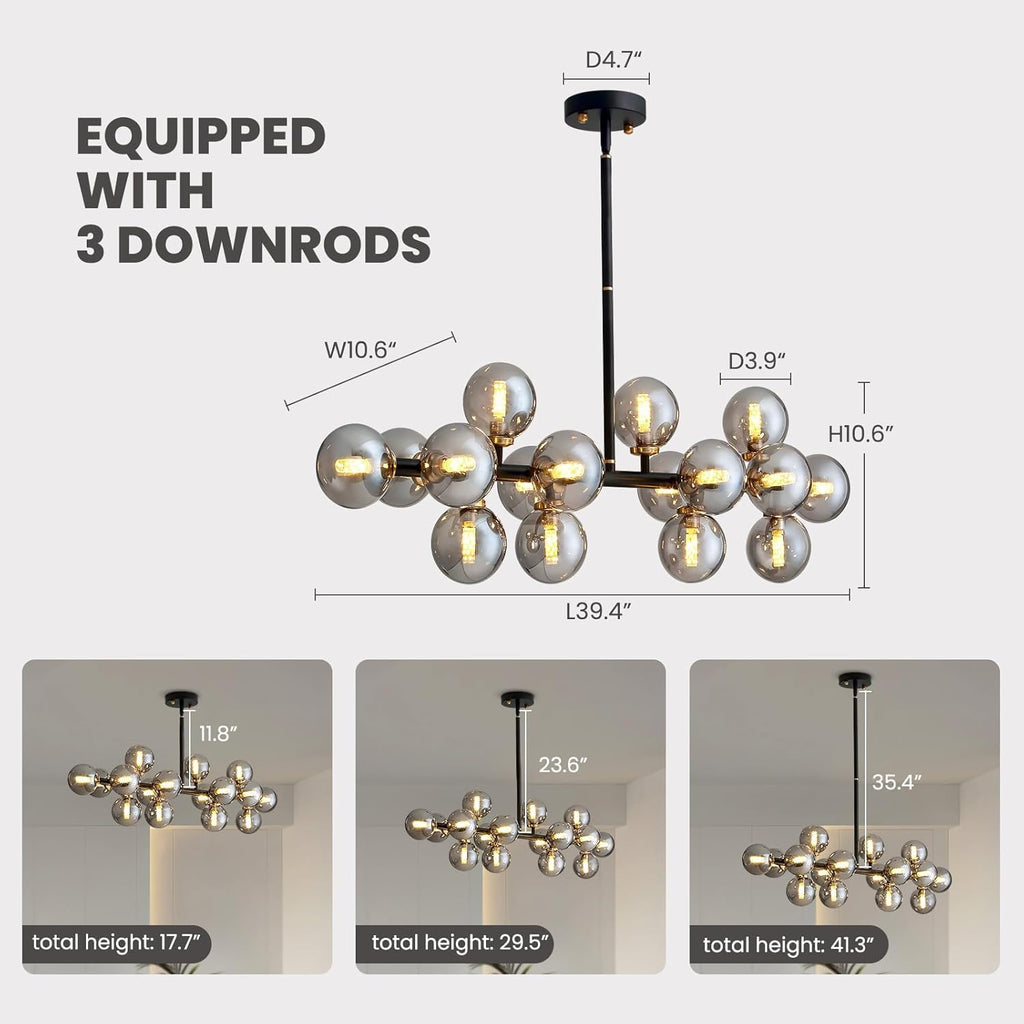 16 Lights Mid Century Modern Chandelier Black Linear Chandelier Light Fixtures Glass Globe Sputnik Pendant Light for Dining Room Kitchen Island (Smoke Gray Lampshade)