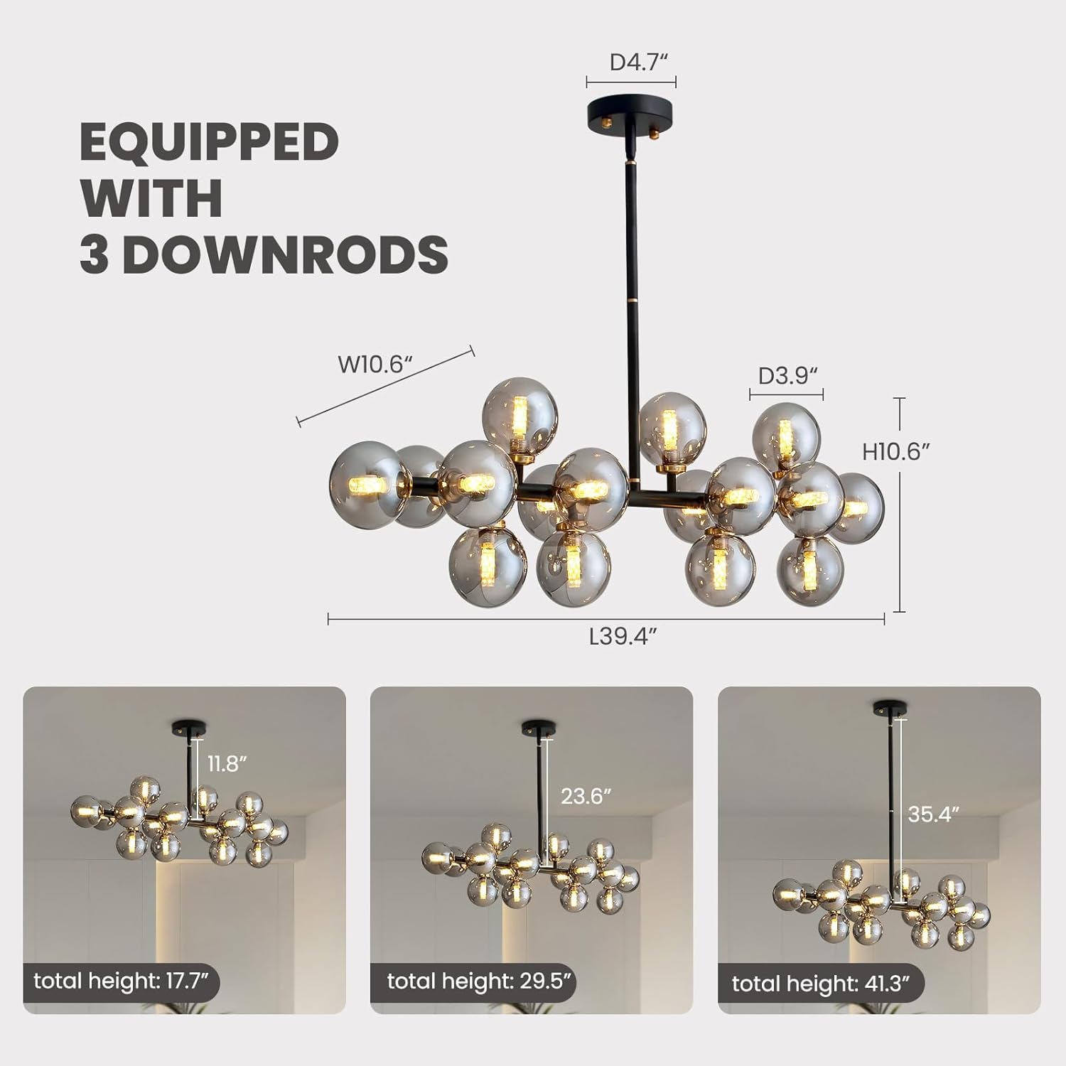 16 Lights Mid Century Modern Chandelier Black Linear Chandelier Light Fixtures Glass Globe Sputnik Pendant Light for Dining Room Kitchen Island (Smoke Gray Lampshade)