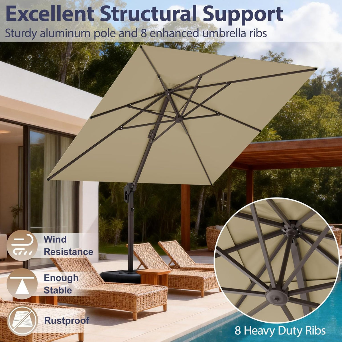 10' X 10' Patio Umbrella Cantilever Outdoor Rectangle Umbrella with Base Included, Heavy Duty 360°Rotation Offset Umbrella for Garden Deck Pool Patio, Beige