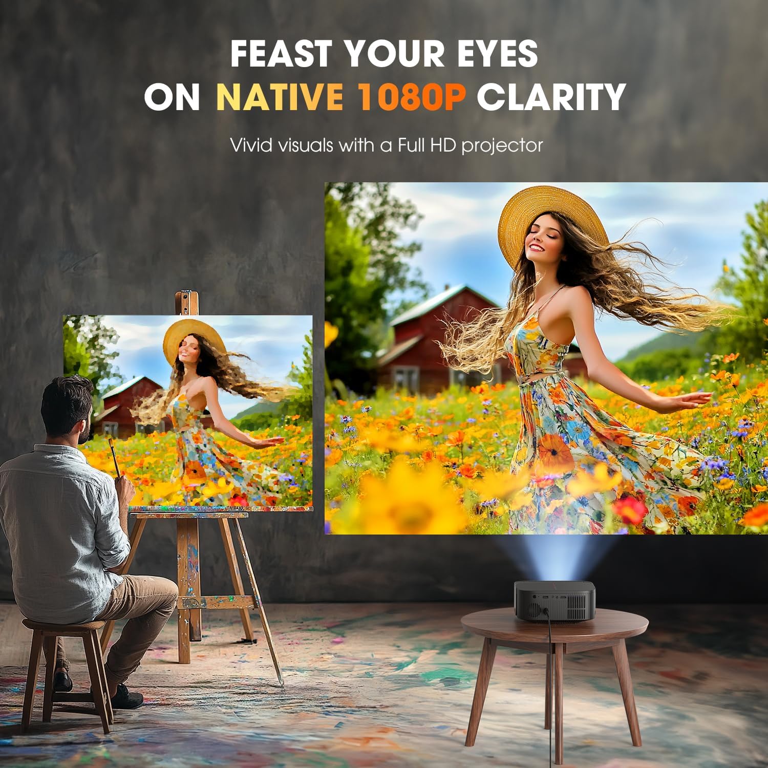 386+ Built-in Apps DBPOWER E2 Smart Projector with WiFi and Bluetooth, Native 1080P Mini Projector Compatible with Netflix, Youtube, D+, Hulu, Max & Crunchyroll, Electric Focus & Carry Case