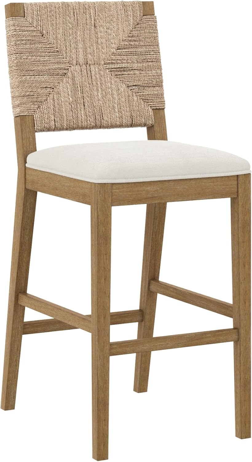 Nathan James Beacon Bohemian Boucle Bar Stool with Back, Bar Height Kitchen Island Chair, Seagrass Bar Stool, Cream Boucle/Brushed Light Brown